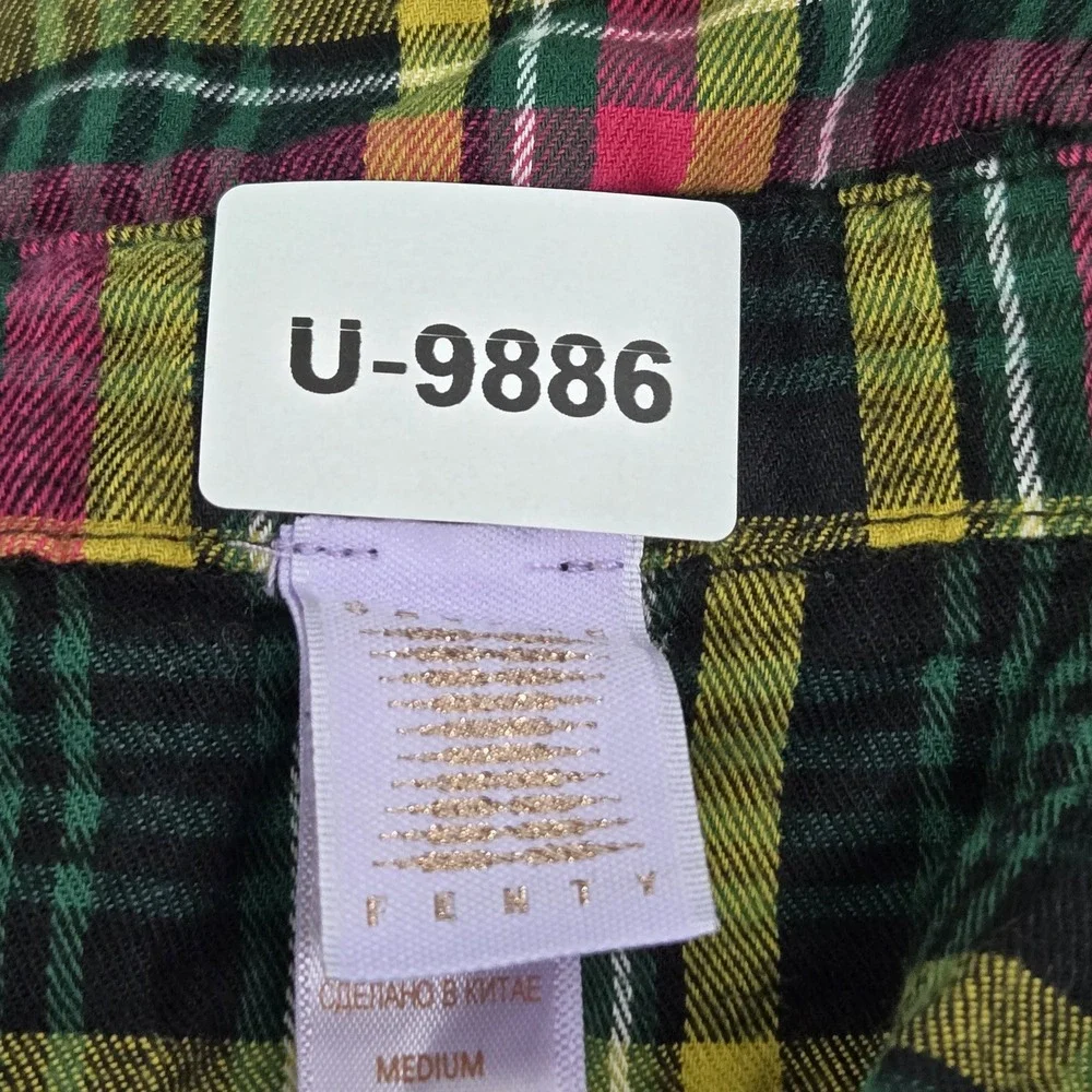 Savage X Fenty Women Sleepwear‎ Green Plaid Flannel Sleepshirt Long Sleeve